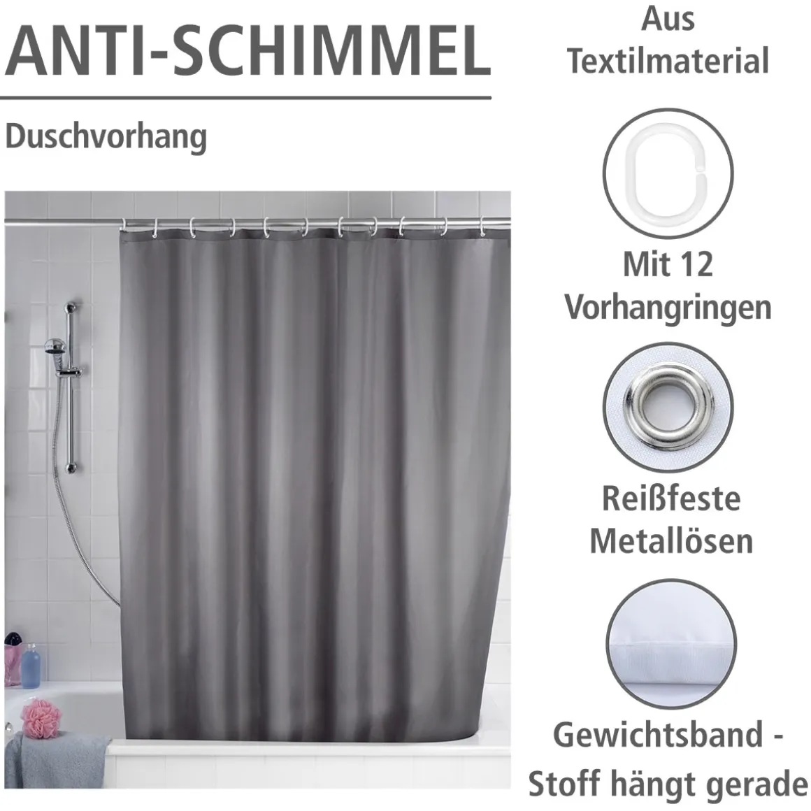 Wenko Anti-Schimmel Duschvorhang Uni Grey Textil Polyester 180 x 200 cm waschbar