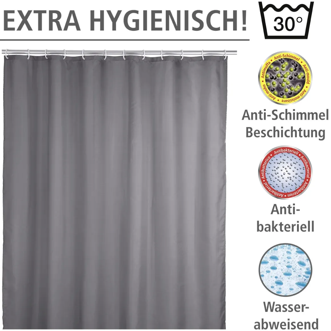 Wenko Anti-Schimmel Duschvorhang Uni Grey Textil Polyester 180 x 200 cm waschbar