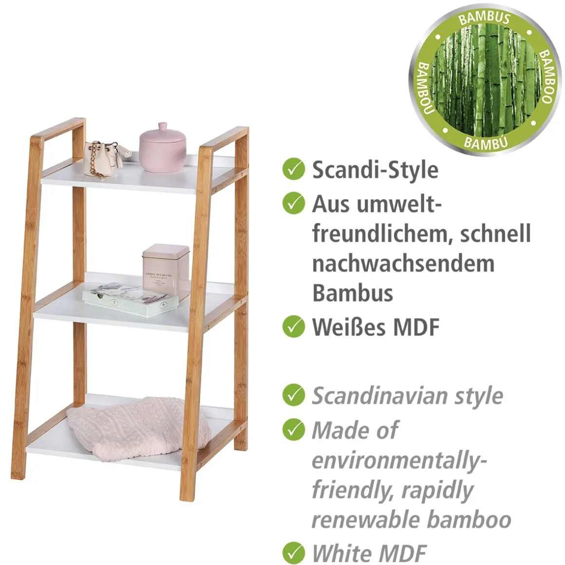 Wenko Regal Finja aus Bambus mit 3 Etagen 43 x 76 x 36 cm