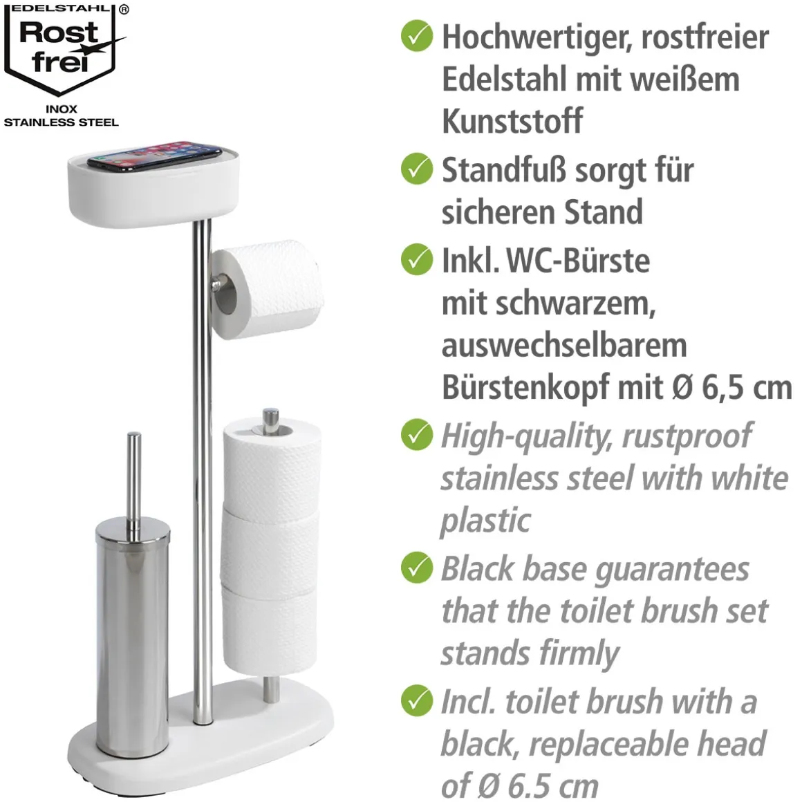 Wenko Stand WC-Garnitur mit Box Rivazza Weiß integrierter Toilettenpapierhalter Ersatzrollenhalter und WC-Bürstenhalter mit Ablagebox