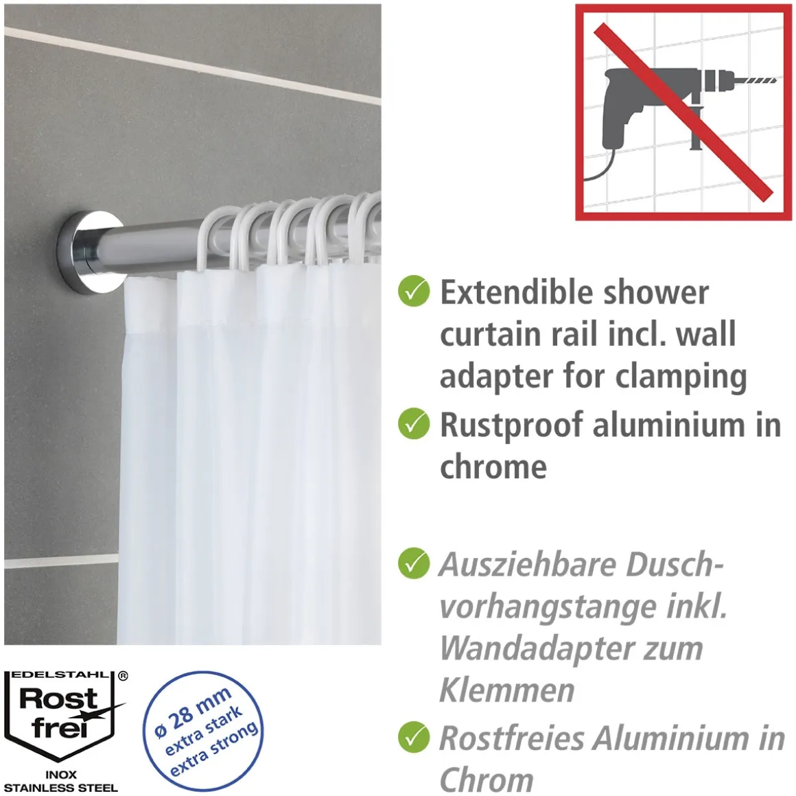 Wenko Teleskop-Duschstange Luz 110 - 185 cm Chrom Ausziehbare Duschvorhangstange aus rostfreiem Edelstahl