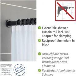 Wenko Teleskop-Duschstange Luz 110 - 185 cm Schwarz Ausziehbare Duschvorhangstange aus rostfreiem Aluminium