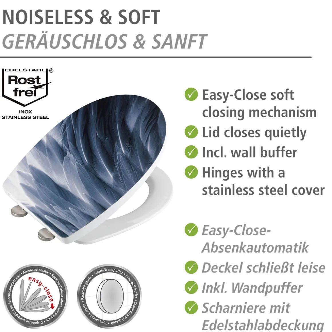 Wenko WC-Sitz Plumes mit Relief-Oberfläche Toilettensitz mit Absenkautomatik Schnellbefestigung aus bruchstabilem Thermoplast