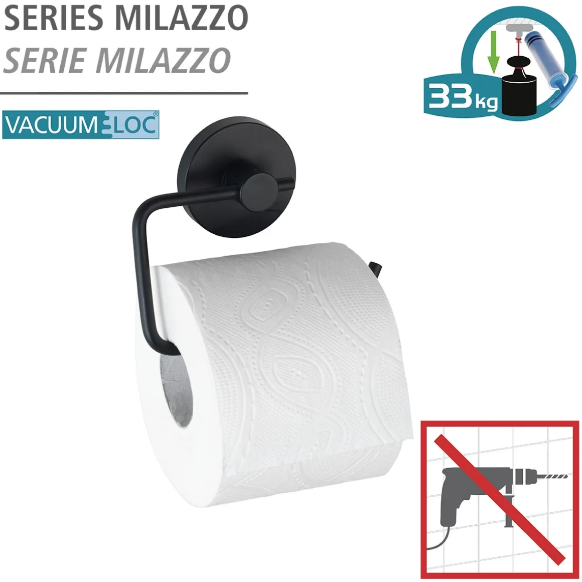 Wenko Toilettenpapierhalter Milazzo Schwarz Befestigen ohne bohren Vacuum-Loc