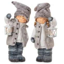 Winterkind mit Laterne 52cm grau blau